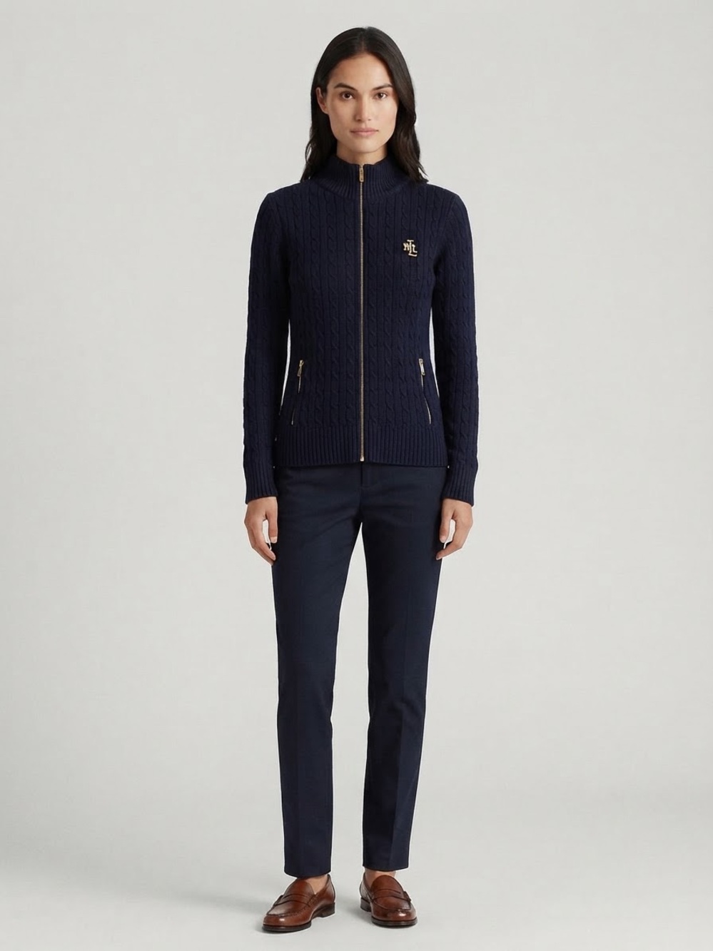 Lauren Ralph Lauren Blue Cable Knit Full Zip Mock Neck Cotton Sweater XL